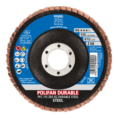 PFERD TOOLS POLIFAN POWER Fächerscheibe PFC 115x22,23 mm konisch Z60 Leistungslinie SG DURABLE STEEL für Stahl