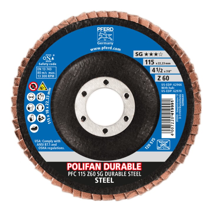 PFERD TOOLS POLIFAN POWER Fächerscheibe PFC 115x22,23 mm konisch Z60 Leistungslinie SG DURABLE STEEL für Stahl