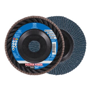 PFERD TOOLS POLIFAN POWER Fächerscheibe PFC 115x22,23 mm konisch Z60 Leistungslinie SG TRIM STEELOX für Stahl/Edelstahl