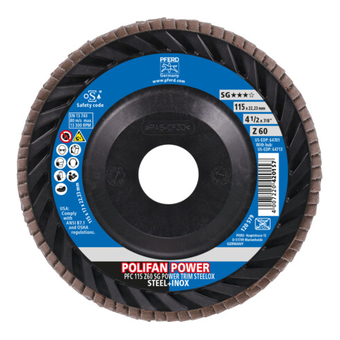PFERD TOOLS POLIFAN POWER Fächerscheibe PFC 115x22,23 mm konisch Z60 Leistungslinie SG TRIM STEELOX für Stahl/Edelstahl