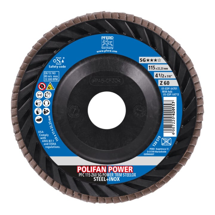 PFERD TOOLS POLIFAN POWER Fächerscheibe PFC 115x22,23 mm konisch Z60 Leistungslinie SG TRIM STEELOX für Stahl/Edelstahl