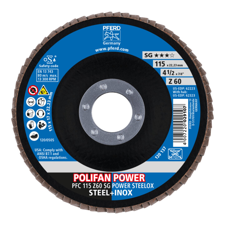 PFERD TOOLS POLIFAN POWER Fächerscheibe PFC 115x22,23 mm konisch Z60 SG STEELOX Stahl/Edelstahl