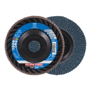 PFERD TOOLS POLIFAN POWER Fächerscheibe PFC 115x22,23 mm konisch Z80 Leistungslinie SG TRIM STEELOX für Stahl/Edelstahl