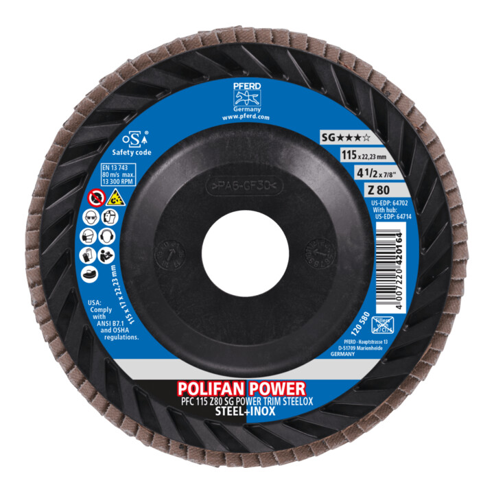 PFERD TOOLS POLIFAN POWER Fächerscheibe PFC 115x22,23 mm konisch Z80 Leistungslinie SG TRIM STEELOX für Stahl/Edelstahl