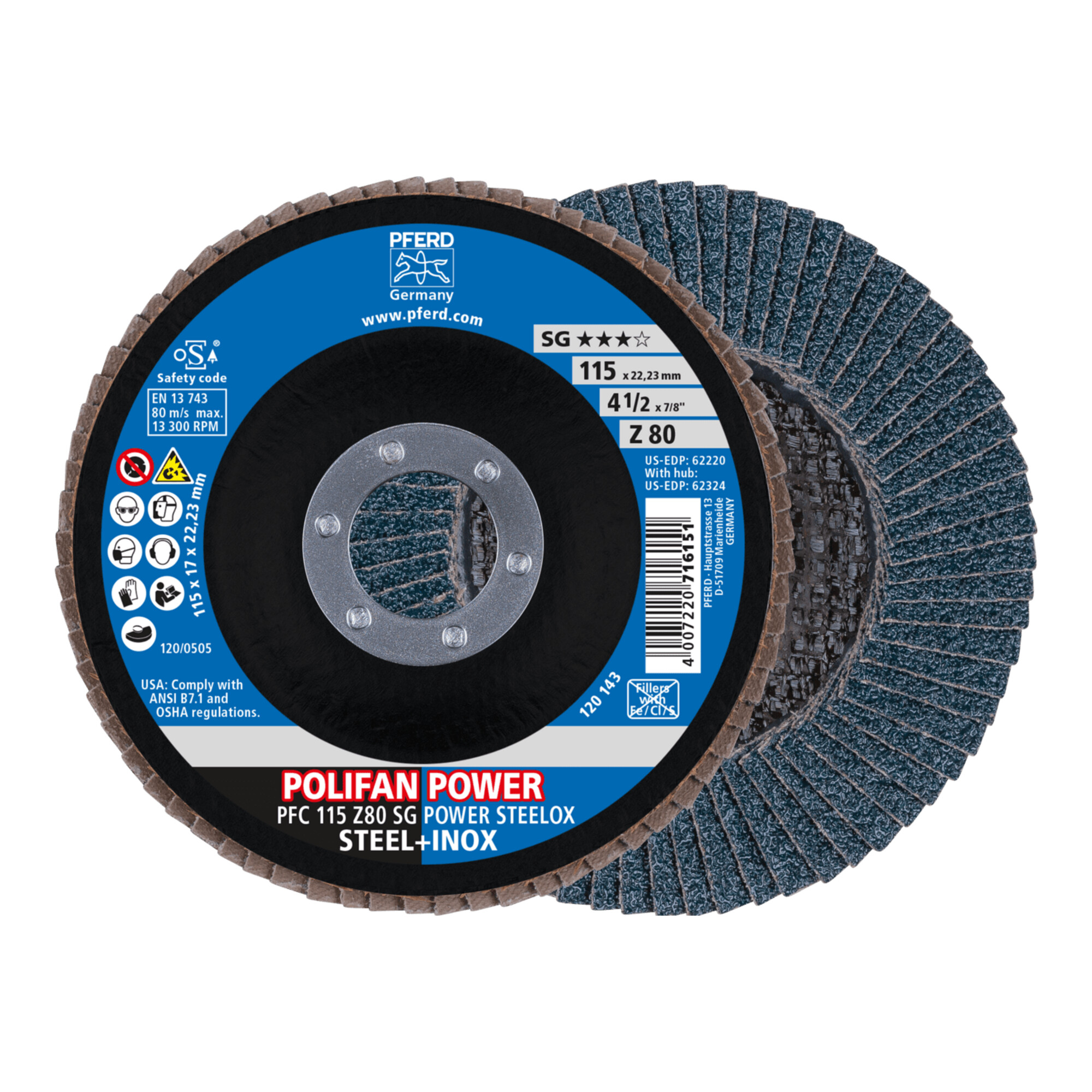 PFERD TOOLS POLIFAN POWER Fächerscheibe PFC 115x22,23 mm konisch Z80 SG STEELOX Stahl/Edelstahl