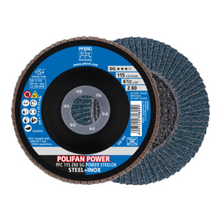 PFERD TOOLS POLIFAN POWER Fächerscheibe PFC 115x22,23 mm konisch Z80 SG STEELOX Stahl/Edelstahl