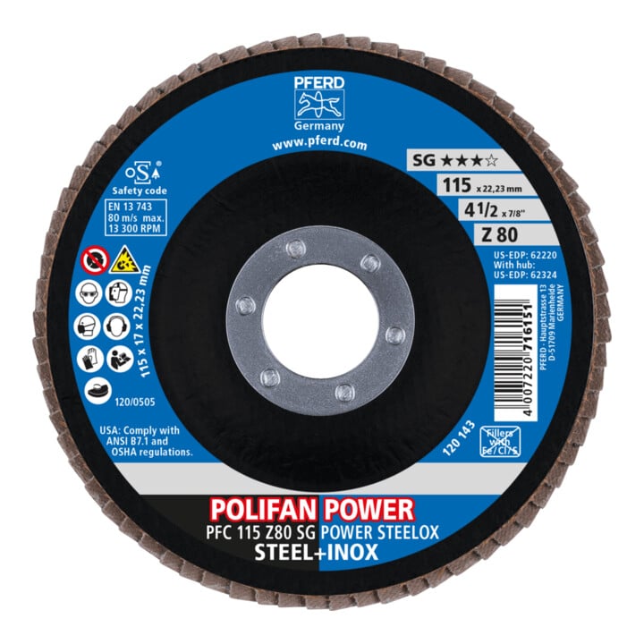 PFERD TOOLS POLIFAN POWER Fächerscheibe PFC 115x22,23 mm konisch Z80 SG STEELOX Stahl/Edelstahl