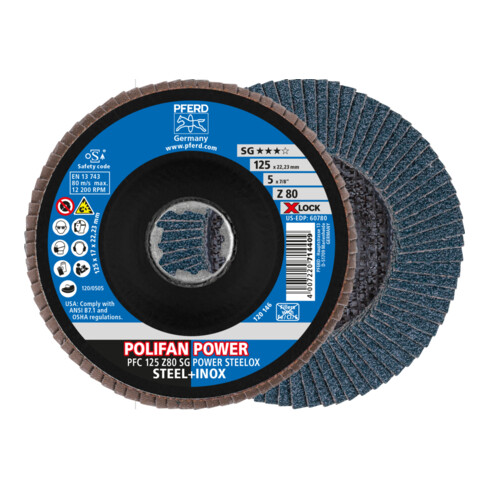 PFERD TOOLS POLIFAN POWER Fächerscheibe PFC 125 mm X-LOCK konisch Z80 SG STEELOX Stahl/Edelstahl