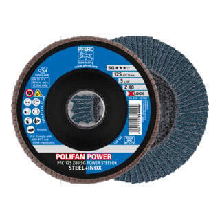 PFERD TOOLS POLIFAN POWER Fächerscheibe PFC 125 mm X-LOCK konisch Z80 SG STEELOX Stahl/Edelstahl