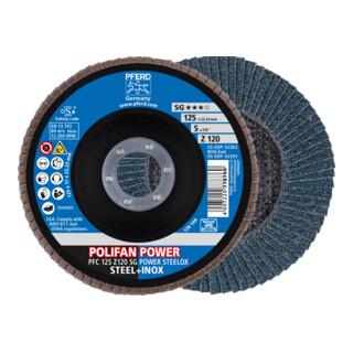 PFERD TOOLS POLIFAN POWER Fächerscheibe PFC 125x22,23 mm konisch Z120 SG STEELOX Stahl/Edelstahl