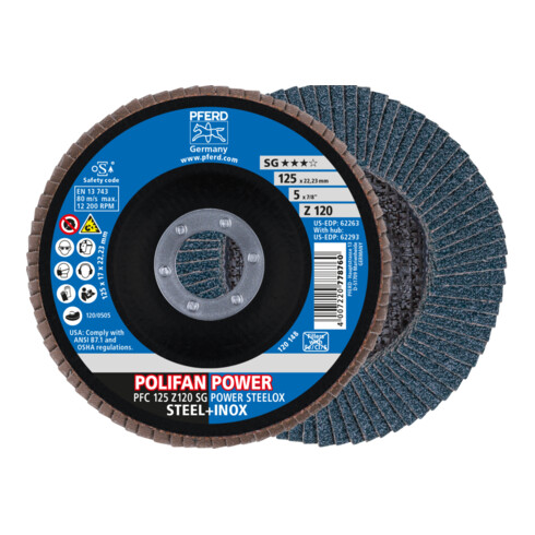 PFERD TOOLS POLIFAN POWER Fächerscheibe PFC 125x22,23 mm konisch Z120 SG STEELOX Stahl/Edelstahl