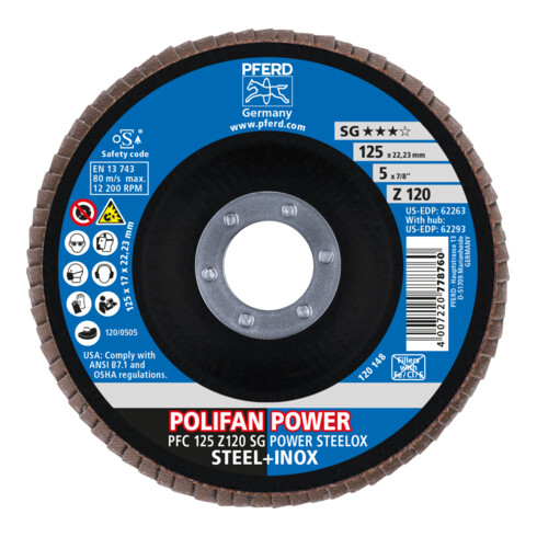 PFERD TOOLS POLIFAN POWER Fächerscheibe PFC 125x22,23 mm konisch Z120 SG STEELOX Stahl/Edelstahl