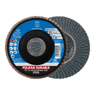 PFERD TOOLS POLIFAN POWER Fächerscheibe PFC 125x22,23 mm konisch Z40 Leistungslinie SG DURABLE STEEL für Stahl