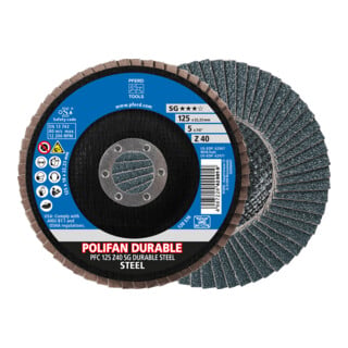 PFERD TOOLS POLIFAN POWER Fächerscheibe PFC 125x22,23 mm konisch Z40 Leistungslinie SG DURABLE STEEL für Stahl