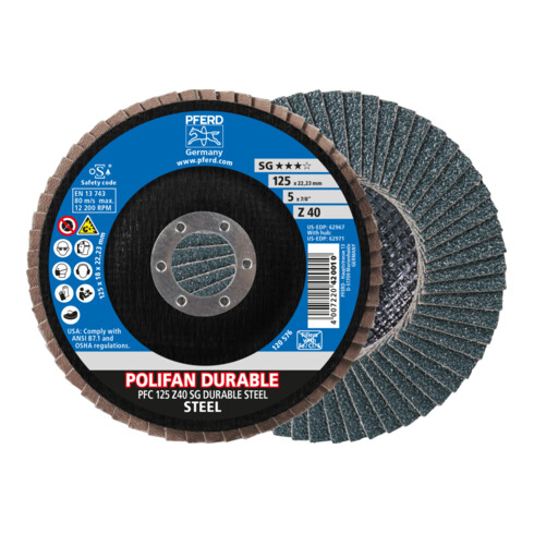 PFERD TOOLS POLIFAN POWER Fächerscheibe PFC 125x22,23 mm konisch Z40 Leistungslinie SG DURABLE STEEL für Stahl