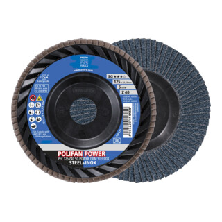 PFERD TOOLS POLIFAN POWER Fächerscheibe PFC 125x22,23 mm konisch Z40 Leistungslinie SG TRIM STEELOX für Stahl/Edelstahl