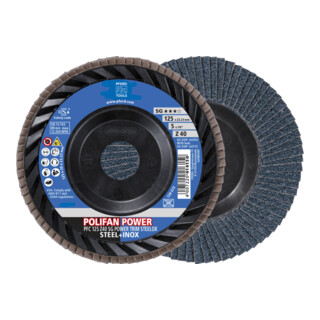 PFERD TOOLS POLIFAN POWER Fächerscheibe PFC 125x22,23 mm konisch Z40 Leistungslinie SG TRIM STEELOX für Stahl/Edelstahl