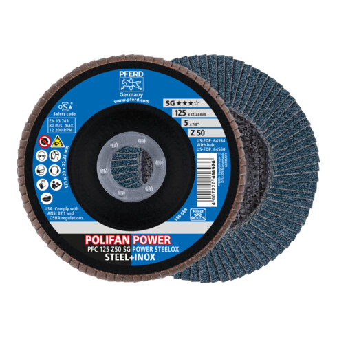PFERD TOOLS POLIFAN POWER Fächerscheibe PFC 125x22,23 mm konisch Z50 Leistungslinie SG STEELOX für Stahl/Edelstahl