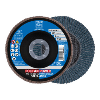 PFERD TOOLS POLIFAN POWER Fächerscheibe PFC 125x22,23 mm konisch Z50 Leistungslinie SG STEELOX für Stahl/Edelstahl