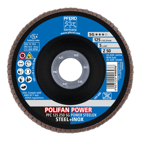 PFERD TOOLS POLIFAN POWER Fächerscheibe PFC 125x22,23 mm konisch Z50 Leistungslinie SG STEELOX für Stahl/Edelstahl