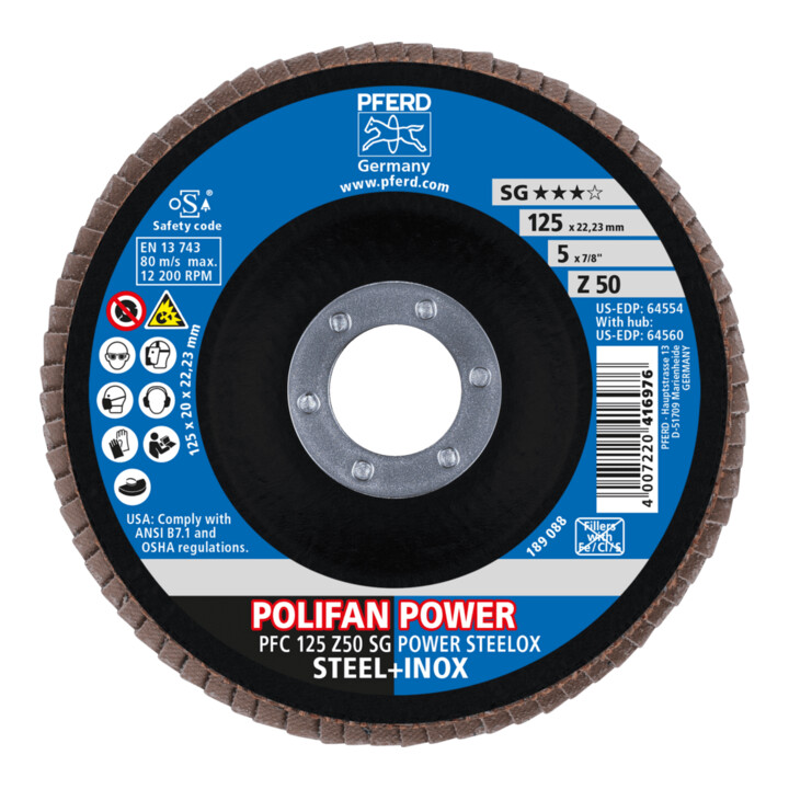 PFERD TOOLS POLIFAN POWER Fächerscheibe PFC 125x22,23 mm konisch Z50 Leistungslinie SG STEELOX für Stahl/Edelstahl