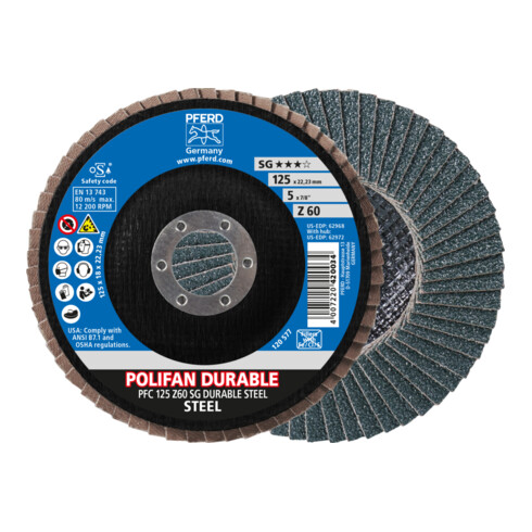 PFERD TOOLS POLIFAN POWER Fächerscheibe PFC 125x22,23 mm konisch Z60 Leistungslinie SG DURABLE STEEL für Stahl