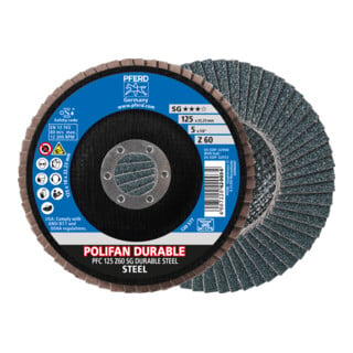 PFERD TOOLS POLIFAN POWER Fächerscheibe PFC 125x22,23 mm konisch Z60 Leistungslinie SG DURABLE STEEL für Stahl