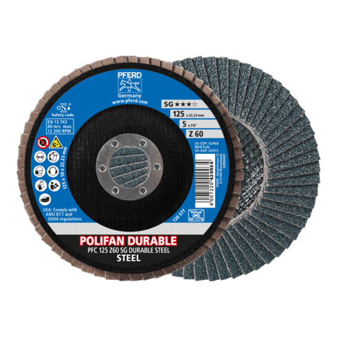 PFERD TOOLS POLIFAN POWER Fächerscheibe PFC 125x22,23 mm konisch Z60 Leistungslinie SG DURABLE STEEL für Stahl