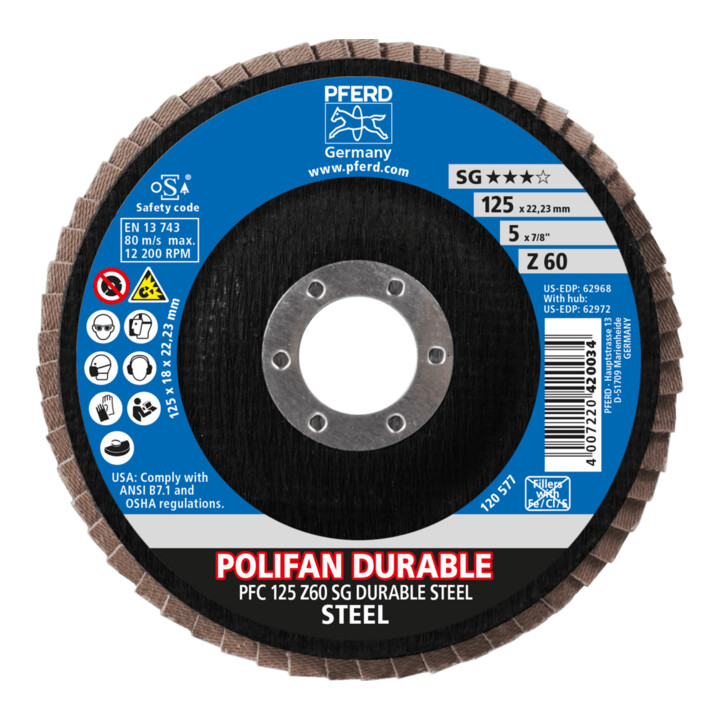 PFERD TOOLS POLIFAN POWER Fächerscheibe PFC 125x22,23 mm konisch Z60 Leistungslinie SG DURABLE STEEL für Stahl