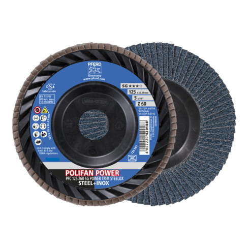 PFERD TOOLS POLIFAN POWER Fächerscheibe PFC 125x22,23 mm konisch Z60 Leistungslinie SG TRIM STEELOX für Stahl/Edelstahl