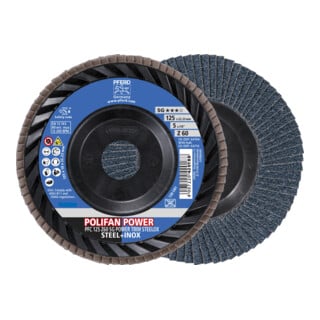 PFERD TOOLS POLIFAN POWER Fächerscheibe PFC 125x22,23 mm konisch Z60 Leistungslinie SG TRIM STEELOX für Stahl/Edelstahl