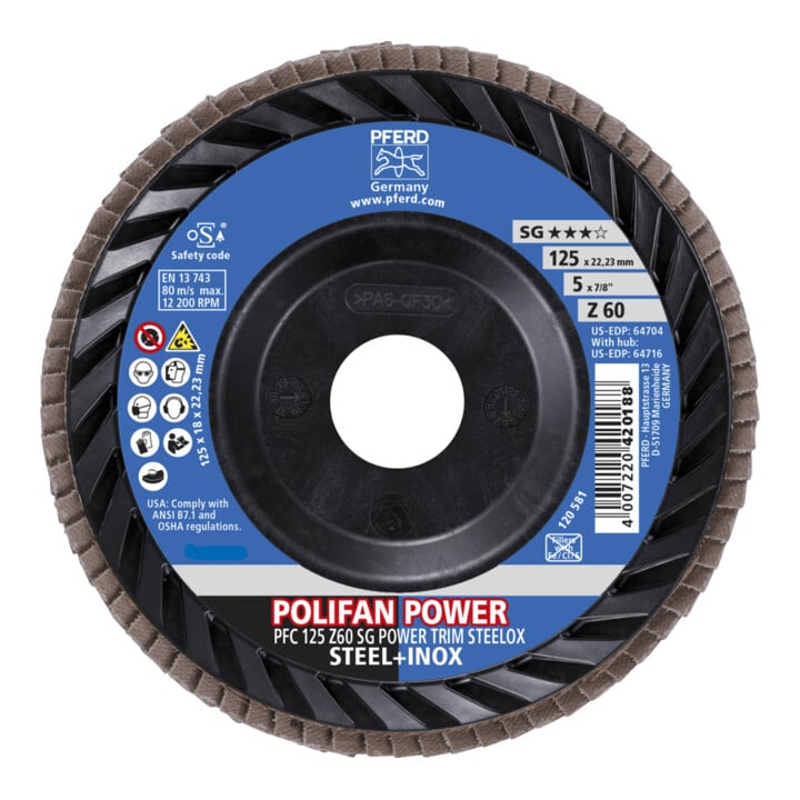 PFERD TOOLS POLIFAN POWER Fächerscheibe PFC 125x22,23 mm konisch Z60 Leistungslinie SG TRIM STEELOX für Stahl/Edelstahl