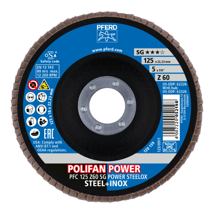 PFERD TOOLS POLIFAN POWER Fächerscheibe PFC 125x22,23 mm konisch Z60 SG STEELOX Stahl/Edelstahl