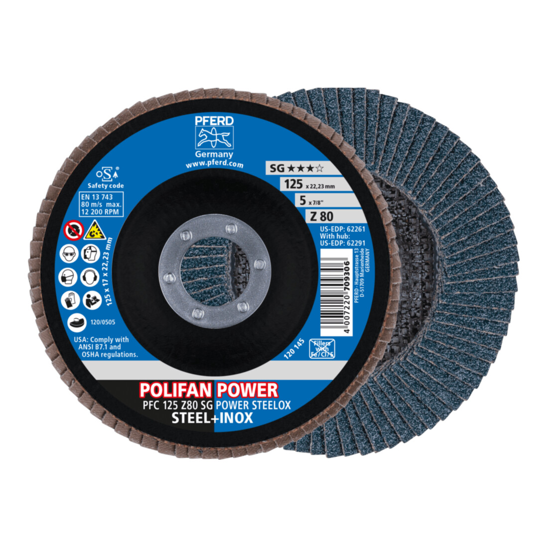 PFERD TOOLS POLIFAN POWER Fächerscheibe PFC 125x22,23 mm konisch Z80 SG STEELOX Stahl/Edelstahl
