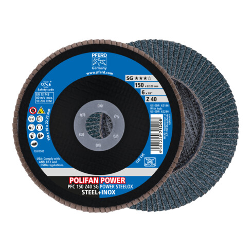 PFERD TOOLS POLIFAN POWER Fächerscheibe PFC 150x22,23 mm konisch Z40 SG STEELOX Stahl/Edelstahl