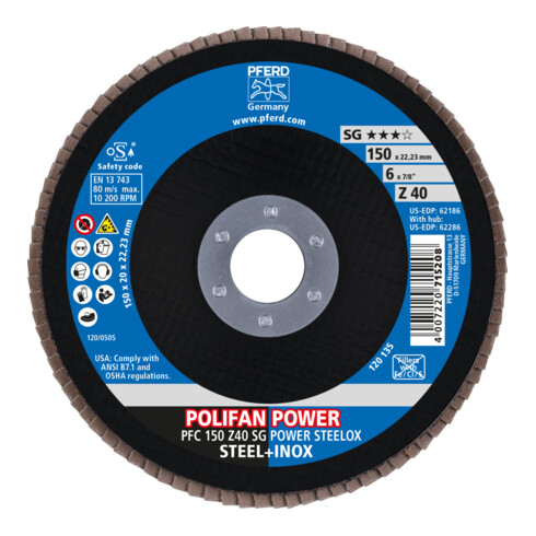 PFERD TOOLS POLIFAN POWER Fächerscheibe PFC 150x22,23 mm konisch Z40 SG STEELOX Stahl/Edelstahl