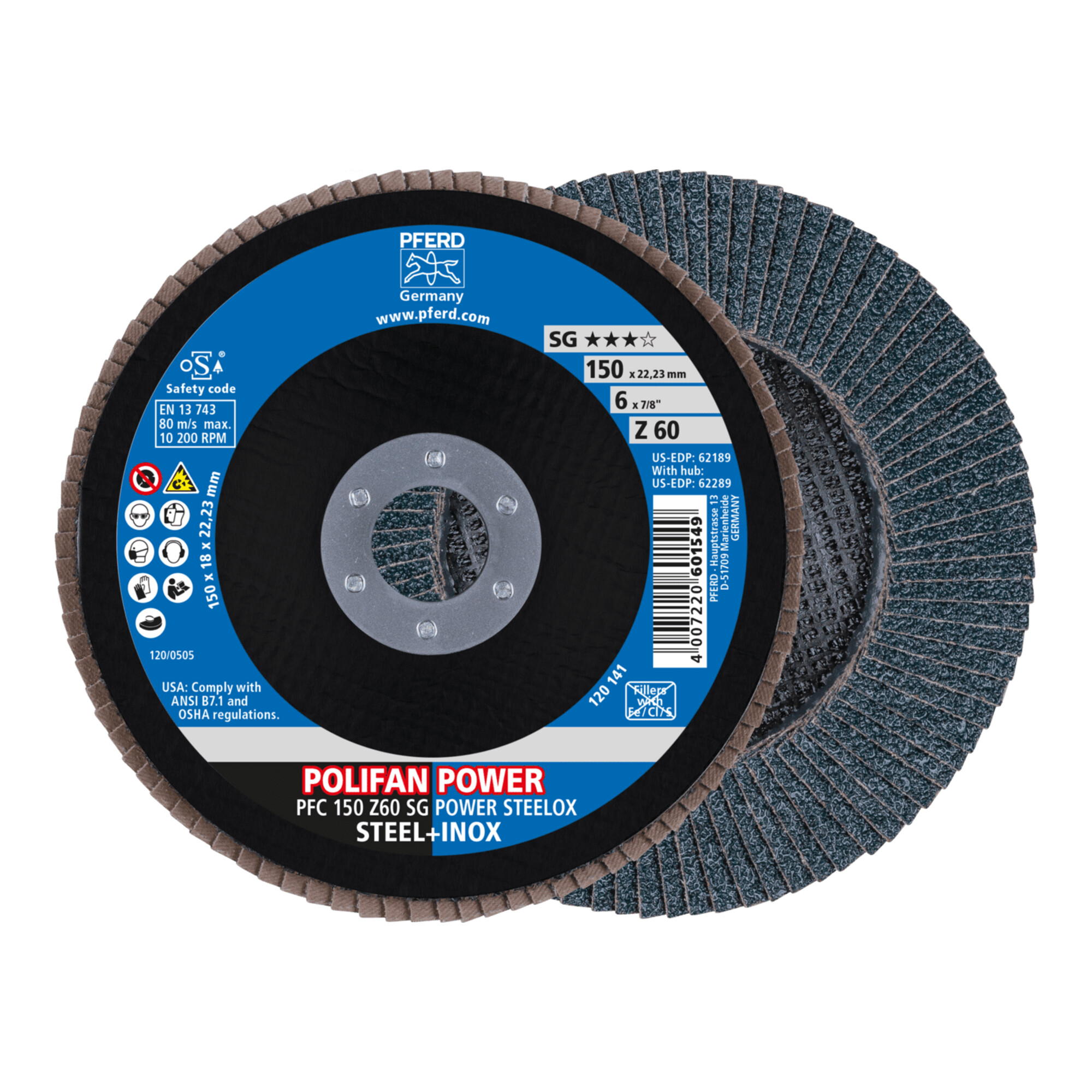 PFERD TOOLS POLIFAN POWER Fächerscheibe PFC 150x22,23 mm konisch Z60 SG STEELOX Stahl/Edelstahl