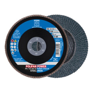 PFERD TOOLS POLIFAN POWER Fächerscheibe PFC 150x22,23 mm konisch Z60 SG STEELOX Stahl/Edelstahl