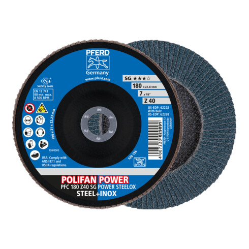 PFERD TOOLS POLIFAN POWER Fächerscheibe PFC 180x22,23 mm konisch Z40 SG STEELOX Stahl/Edelstahl