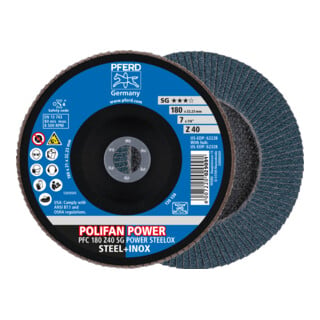 PFERD TOOLS POLIFAN POWER Fächerscheibe PFC 180x22,23 mm konisch Z40 SG STEELOX Stahl/Edelstahl