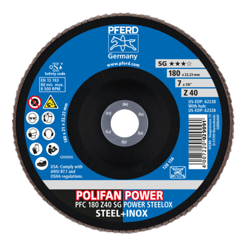 PFERD TOOLS POLIFAN POWER Fächerscheibe PFC 180x22,23 mm konisch Z40 SG STEELOX Stahl/Edelstahl
