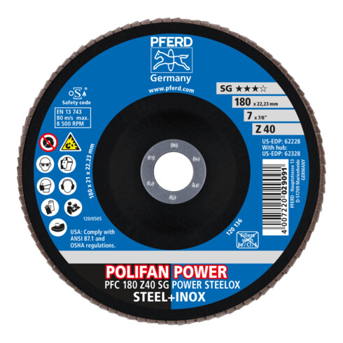 PFERD TOOLS POLIFAN POWER Fächerscheibe PFC 180x22,23 mm konisch Z40 SG STEELOX Stahl/Edelstahl
