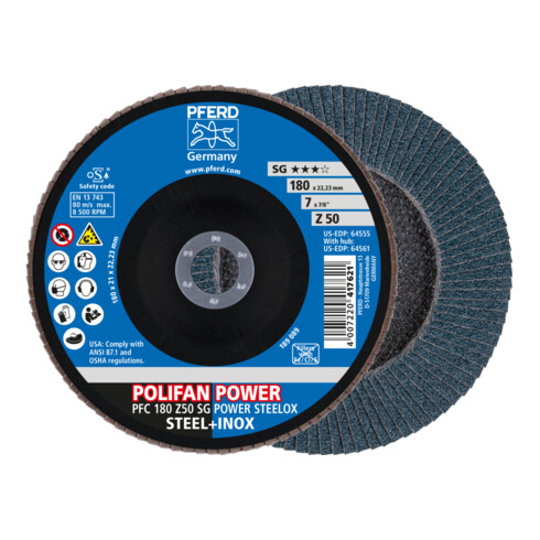 PFERD TOOLS POLIFAN POWER Fächerscheibe PFC 180x22,23 mm konisch Z50 Leistungslinie SG STEELOX für Stahl/Edelstahl