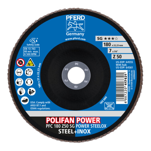 PFERD TOOLS POLIFAN POWER Fächerscheibe PFC 180x22,23 mm konisch Z50 Leistungslinie SG STEELOX für Stahl/Edelstahl