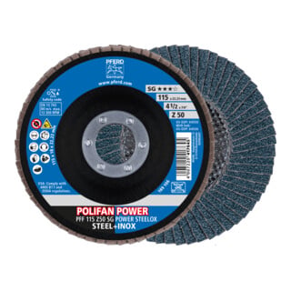 PFERD TOOLS POLIFAN POWER Fächerscheibe PFF 115x22,23 mm flach Z50 Leistungslinie SG STEELOX für Stahl/Edelstahl