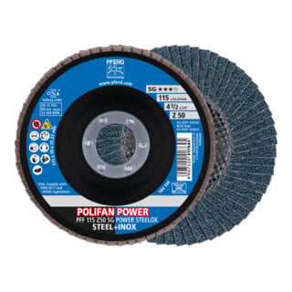 PFERD TOOLS POLIFAN POWER Fächerscheibe PFF 115x22,23 mm flach Z50 Leistungslinie SG STEELOX für Stahl/Edelstahl