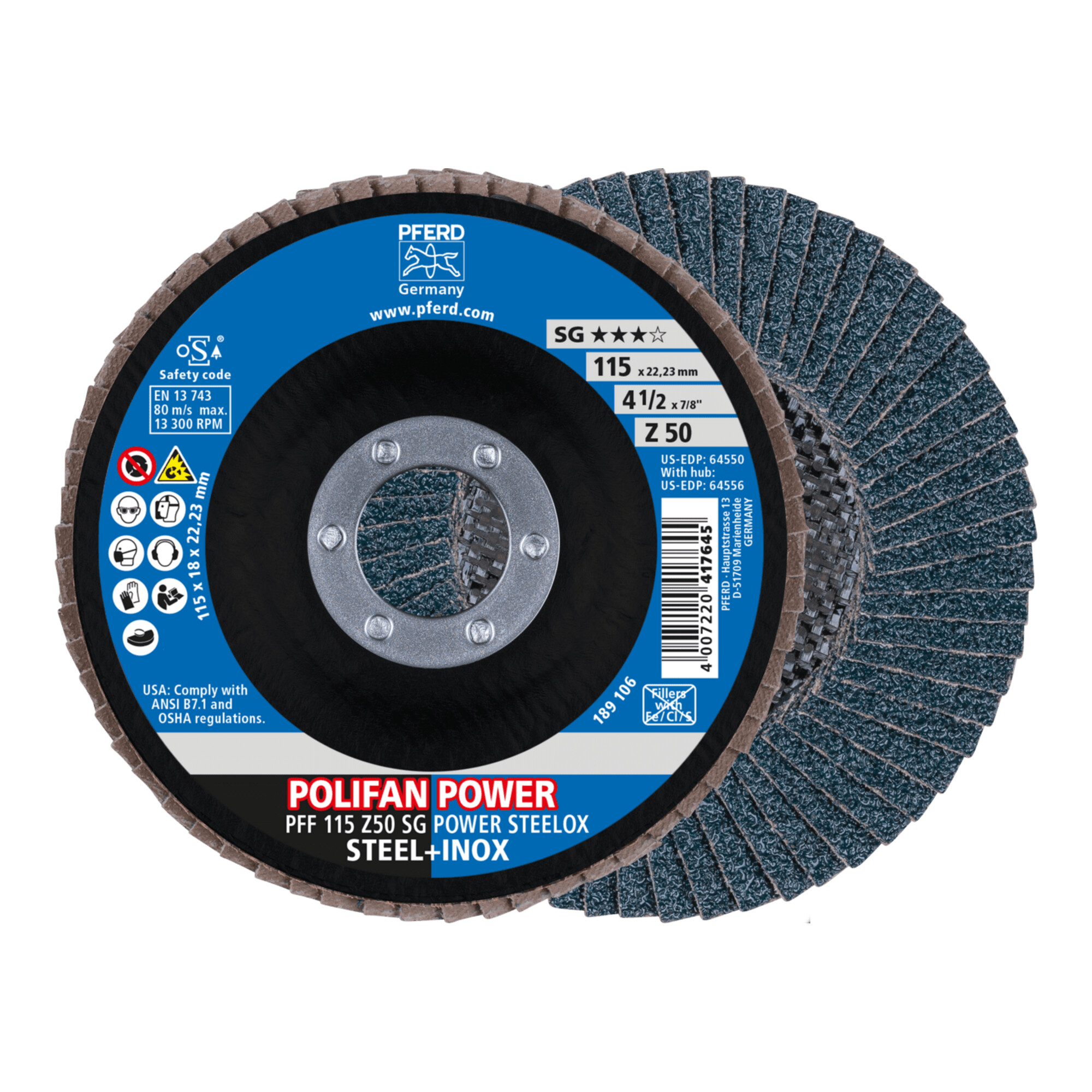 PFERD TOOLS POLIFAN POWER Fächerscheibe PFF 115x22,23 mm flach Z50 Leistungslinie SG STEELOX für Stahl/Edelstahl