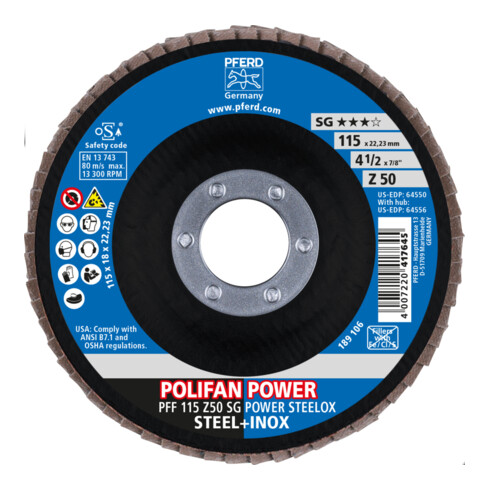 PFERD TOOLS POLIFAN POWER Fächerscheibe PFF 115x22,23 mm flach Z50 Leistungslinie SG STEELOX für Stahl/Edelstahl