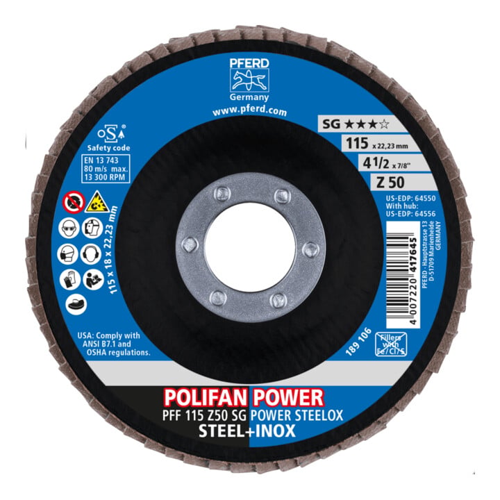 PFERD TOOLS POLIFAN POWER Fächerscheibe PFF 115x22,23 mm flach Z50 Leistungslinie SG STEELOX für Stahl/Edelstahl