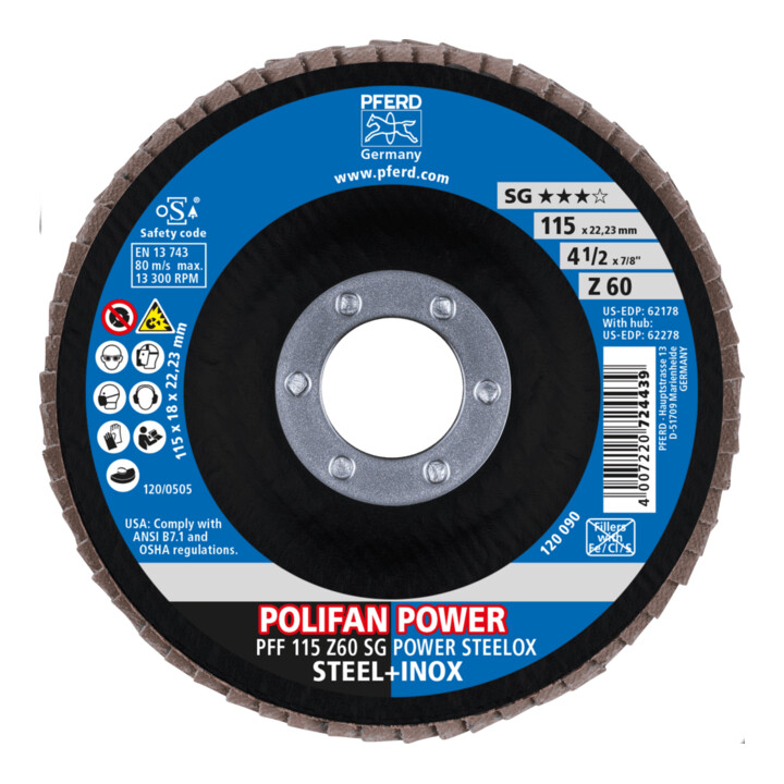 PFERD TOOLS POLIFAN POWER Fächerscheibe PFF 115x22,23 mm flach Z60 Leistungslinie SG POWER STEELOX Stahl/Edelstahl